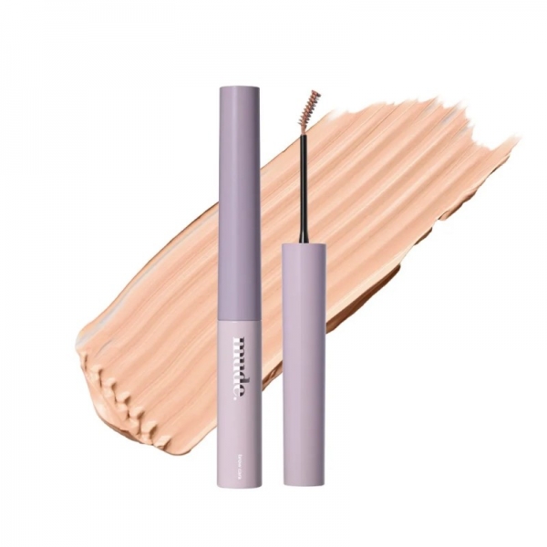 むでのアイブロウマスカラの製品写真。紫色の容器と、ブラシ部分が写っています。